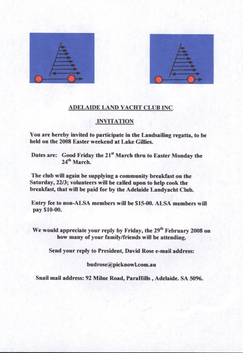 Adelaide Land Yacht Club Invitation in the Land Sailing regetta.