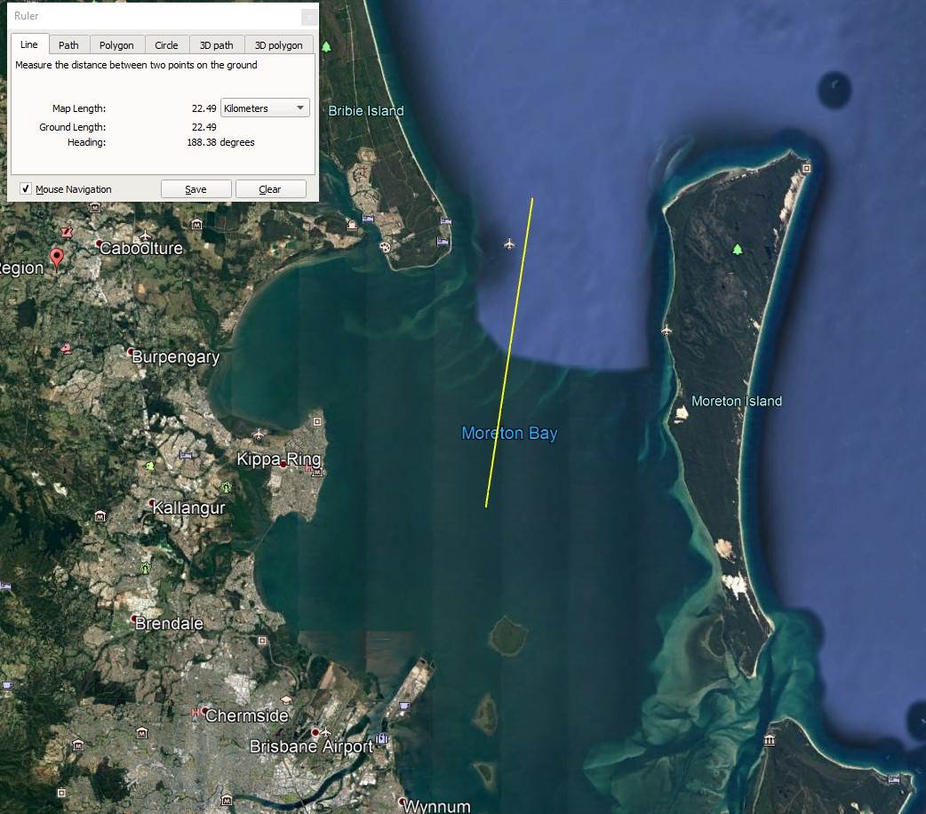 Moreton Bay Distance from Spitfire to Inner Beacon