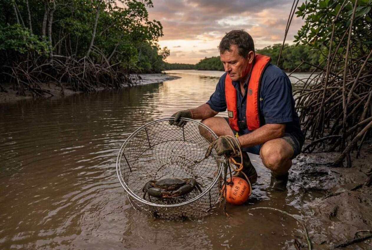 Lifting a mud crab pot at dusk in a Queensland mangrove estuary